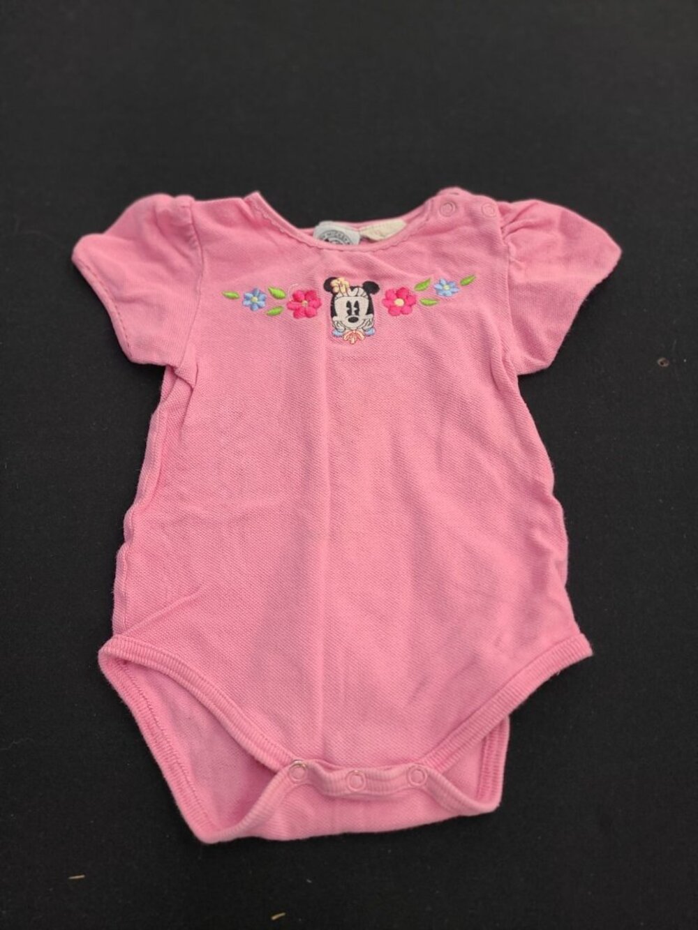 Disney Baby Girls Pink Minnie Mouse Bodysuit With Floral Embroidery Short Sleeve